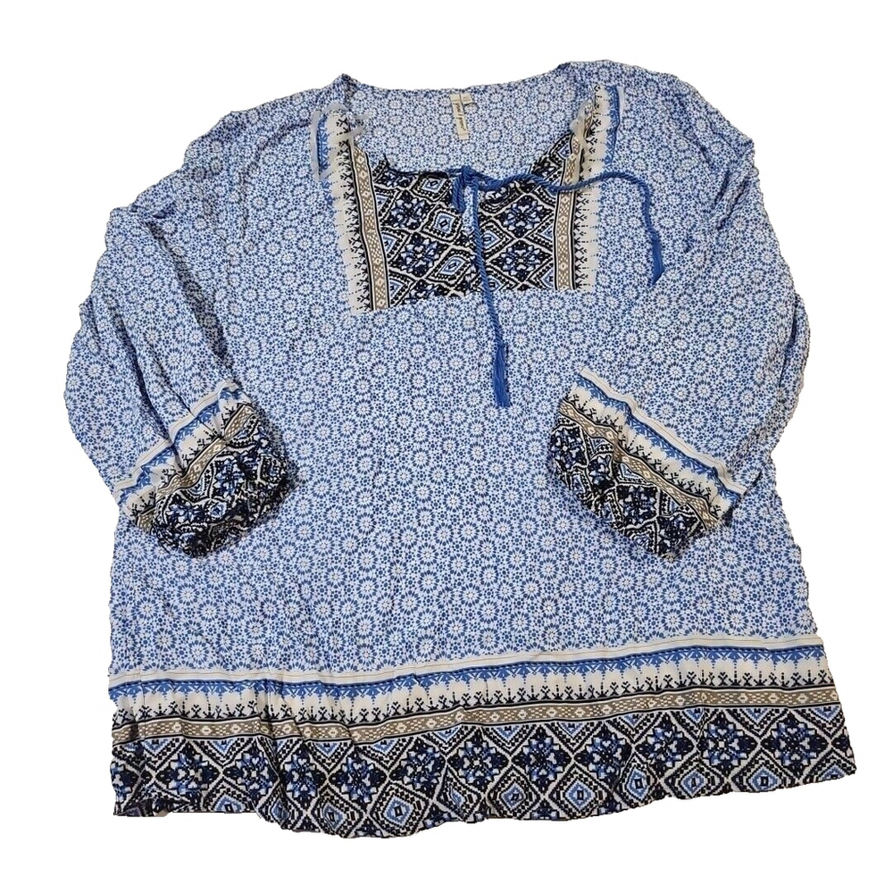 Grand & Greene Boho Peasant Blouse Blue White Geometric Patterned Blouse Size XL
